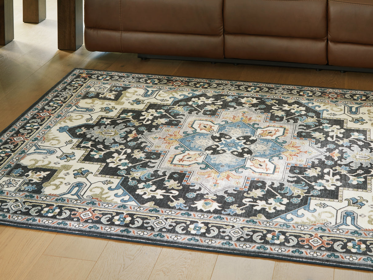 Furniture City Biloxi - Ashley Furniture - Leningston Rug - 8' x 10' Washable Rug / Black/Cream/Blue - R407061