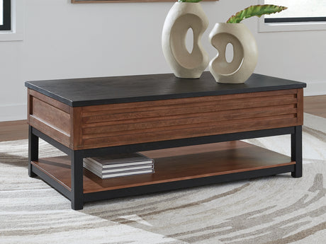 Furniture City Biloxi - Ashley Furniture - Kallari Lift-Top Coffee Table - Lift Top Cocktail Table / Warm Brown/Black - T737-9