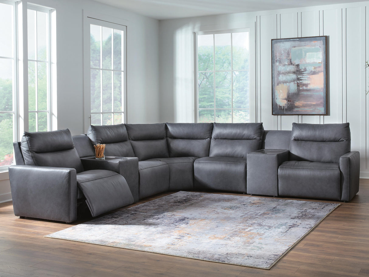 Furniture City Biloxi - Ashley Furniture - ModZ Sectional - 7-Piece Power Reclining Sectional with Audio Consoles / Blue - U14001S8