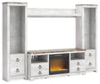 Furniture City Biloxi - Ashley Furniture - Willowton 4-Piece Entertainment Center with Electric Fireplace - 4-Piece Entertainment Center with Electric Fireplace / Whitewash - W267W4