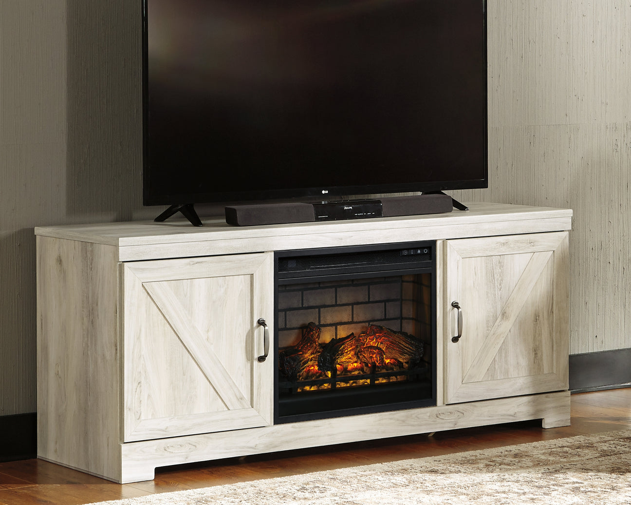 Furniture City Biloxi - Ashley Furniture - Bellaby 63" TV Stand with Electric Fireplace - 63" TV Stand with Electric Fireplace / Whitewash - W331W9