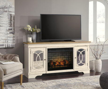 Furniture City Biloxi - Ashley Furniture - Realyn 74" TV Stand with Electric Fireplace - 74" TV Stand with Electric Fireplace / Chipped White - W743W2